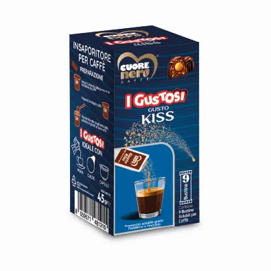 Gustosi 9 Bustine di zucchero KISS preparato solubile per Caffè gusto Fondente e Nocciola 45gr