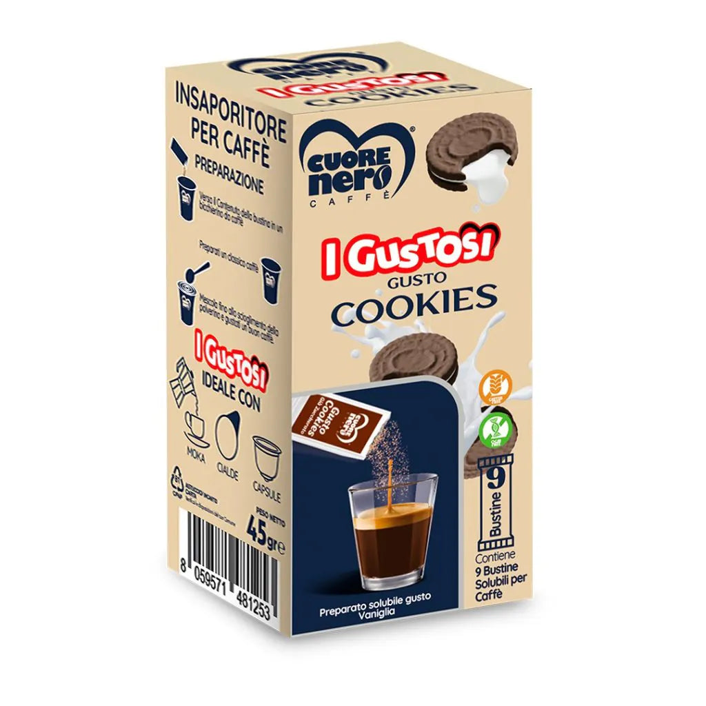 I Gustosi 9 Bustine di zucchero COOKIES preparato solubile per Caffè gusto Vaniglia 45gr