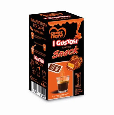 Gustosi 9 Bustine di zucchero SNACK preparato solubile per Caffè gusto Caramello 45gr